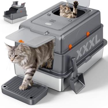 Imagem de FURTIME XXXL Caixa de areia extra grande de aço inoxidável com tampa, caixa de areia grande fechada para gatos grandes, caixa de metal para gatos com invólucro e colher de lado alto, cinza