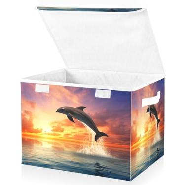 Imagem de Blueangle Cestos de armazenamento de golfinhos saltadores com tampas, 42 x 32 x 30 cm, grande cesta organizadora dobrável para decoração de escritório e armário (590)