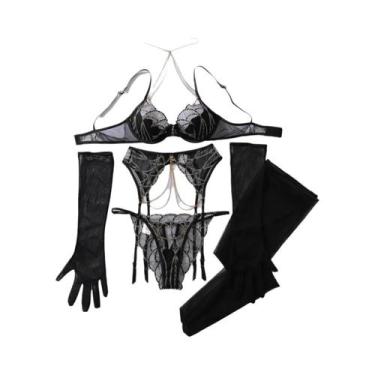 Imagem de Conjunto De Lingerie Sexy De Cinco Peças Com Sutiã E Calcinha Bordados