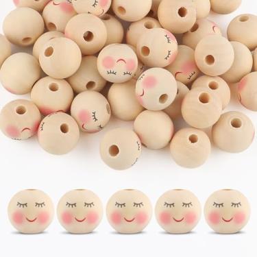 Imagem de 50 peças de contas de madeira para artesanato, contas de madeira sorridentes de 20 mm com furos, contas de madeira de rosto redondo natural para artesanato DIY, fabricação de joias, decorações de anjo