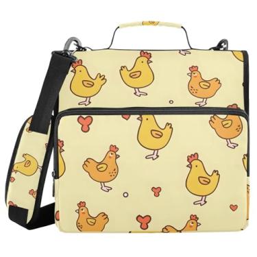 Imagem de Fichário de 3 anéis com zíper com alça de ombro fofo frango amarelo fazenda 3,8 cm guarda fichários grande capacidade vários bolsos para escola material de escritório