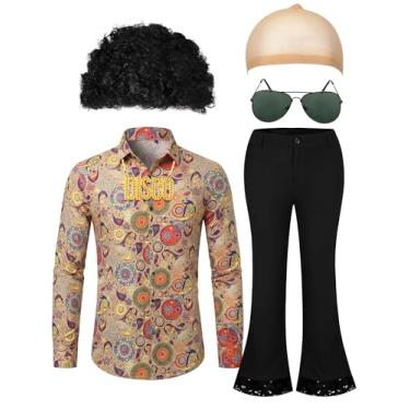 Imagem de Mepase 6 peças de fantasias masculinas de discoteca dos anos 70 incluem camisa retrô, calça de sino, peruca, óculos de sol, colar, touca de peruca para festa discoteca (Vinta, GG)