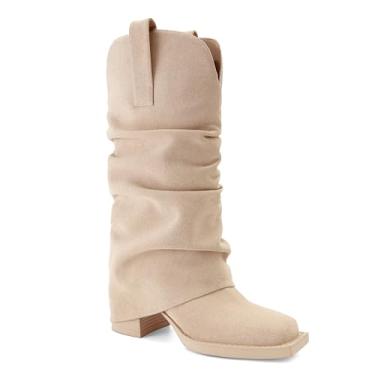 Imagem de XBKXMK Botas de camurça dobráveis, bico quadrado, salto grosso, cano médio, botas de cano médio, caubói, caubói, Bege, 38