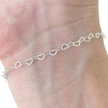Imagem de Pulseira Feminina Elos de Corações Prata 925 Legítima Fina - Hakuna Jo