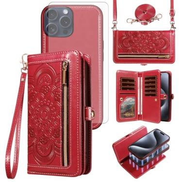 Imagem de Asuwish Capa de celular para iPhone 15 Pro 6,1 polegadas com zíper carteira destacável com protetor de tela de vidro temperado alça de pulso mandala flor porta-cartão de crédito i Phone15 i15 15Pro