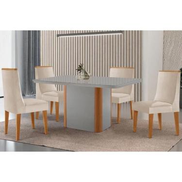 Imagem de Conjunto: Mesa de Cozinha Pietá Tampo c/ Vidro Curvo 120cm+4 Cadeiras Dakota Madeira Naturale/Off White - Capuccino/Suede Creme - Rufato