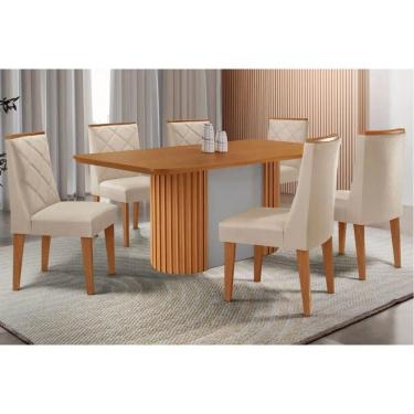 Imagem de Conjunto Mesa Pilar c/ Tampo Madeirado Canto Curvo 180x90cm e 6 Cadeiras Pietá Madeira Maciça Naturale/Off White - Capuccino/Suede Creme-Rufato