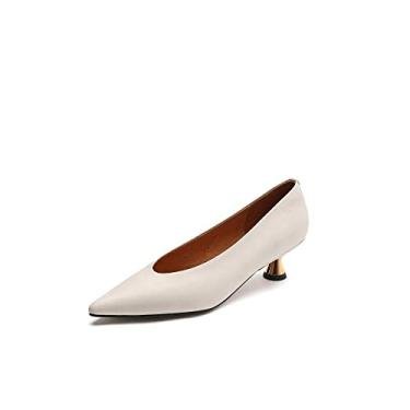 Imagem de TinaCus Sapato feminino feito à mão de couro genuíno bico fino sem salto baixo gatinho, Bege, 37