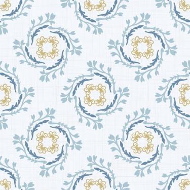 Imagem de VaryStyle Papel de parede damasco floral vintage 45 x 998 cm, boêmio, branco/azul/amarelo, damasco barroco, descascar e colar, papel de parede para banheiro de fazenda, papel de contato de vinil à