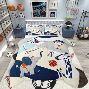Imagem de jejeloiu Conjunto de edredom de animais esportivos para todas as estações, beisebol, basquete, 1 fronha, girafa, leão, elefante, microfibra infantil, roupa de cama geométrica, edredom macio