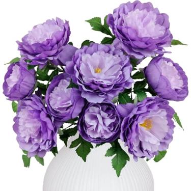 Imagem de LA.PONEE Flores artificiais de peônias roxas premium, flores de peônia de seda falsa com hastes, flores falsas para buquês de noiva de casamento, arranjos florais, centros de mesa, decorações de casa