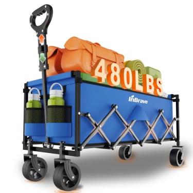 Imagem de InBrave Carrinho de carroça dobrável extralongo, vagões utilitários resistentes de 217 kg com rodas para todo o terreno, carrinhos de mercearia dobráveis para jardinagem, compras, praia, acampamento