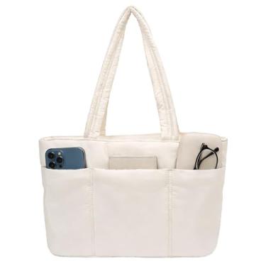 Imagem de Sacola acolchoada com zíper, bolsa de ombro leve para mulheres, bolsa de ombro para trabalho, viagem, academia, Bege, One Size