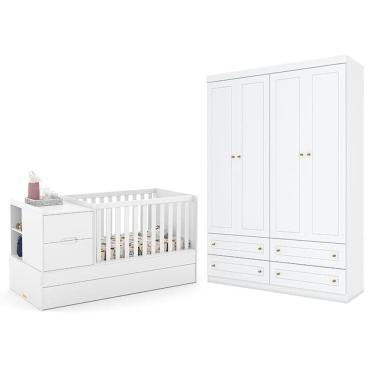 Imagem de Berço Americano Multifuncional Formare Branco Acetinado - Matic e Guarda Roupa Infantil Americano 4 Porta Branco HP - Henn