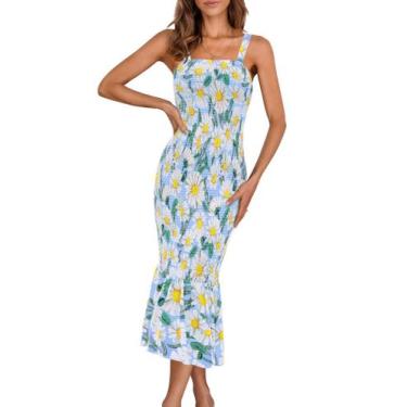 Imagem de Vestido PRETTYGARDEN Midi Floral Azul Sem Manga com Babados M