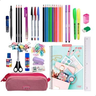 Imagem de Kit Material Escolar Itens Essenciais Caderno Estojo Caneta Feminino -