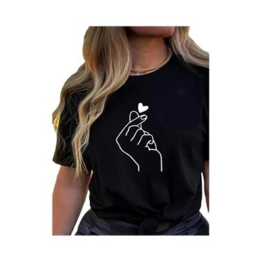 Imagem de Camiseta Feminina plus Size Com Estampa De Coração E Cor Sólida, Gola 
