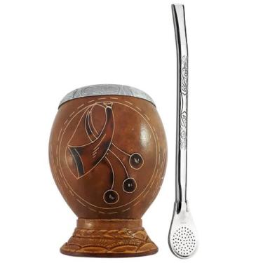 Imagem de Kit Cuia de Chimarrão Coquinho com Pé e Bomba Bojo Pêra 19cm Aço Inox 