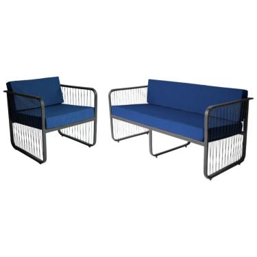 Imagem de Conjunto Poltrona e Namoradeira Santiago Fibra Sintética Assento Estofado Preto Azul Acesse Móveis