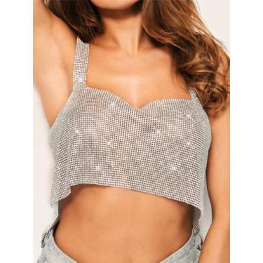 Imagem de B0403-Blusa Top Cropped Strass Pedraria Brilho Prateado Dourado Preto 