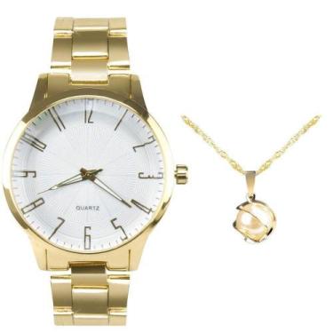 Imagem de Relogio Feminino Dourado Aço Prova Dagua + Colar Ponto Luz Casual Qual