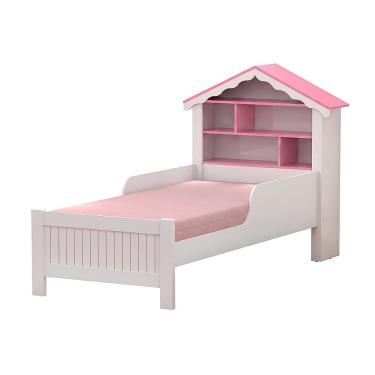 Imagem de Cama Infantil Solteiro Princesa com Cabeceira Casinha Nichos e Proteção Lateral MDF Bra...