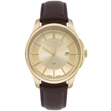Imagem de Relógio Masculino 2115TYH-0X Analógico com Pulseira de Couro Dourado e Mostrador Champa...