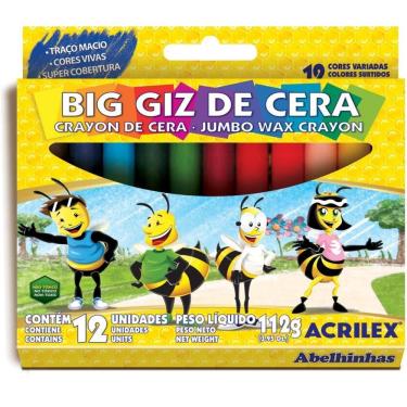 Imagem de Giz de Cera Acrilex Gizão Big Giz 12 Cores Formato Redondo para Uso Infantil