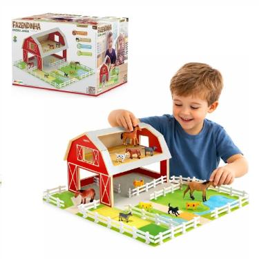 Imagem de Brinquedo Educativo Fazendinha Celeiro MDF com 10 Animais Sortidos e Cercas Decorativas Junges