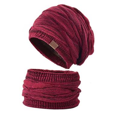Imagem de Insun Conjunto de gorro de tricô para homens e mulheres, cachecol de laço térmico, folgado, com forro de lã, Borgonha, Tamanho �nica