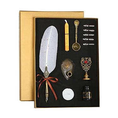 Imagem de HIOD Caneta-tinteiro Sprinkle Gold Luxury Vintage Feather Quill Dip Caligrafia Tinta para escrita Conjunto de 5 pontas Caixa de presente de artigos de papelaria, branca