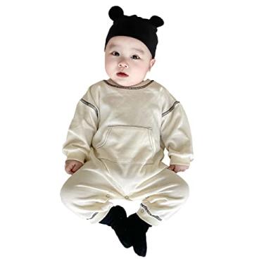 Imagem de Macacão infantil infantil infantil para meninos e meninas outono sólido manga longa macacão roupas para bebês itens (bege, 18-24 meses)