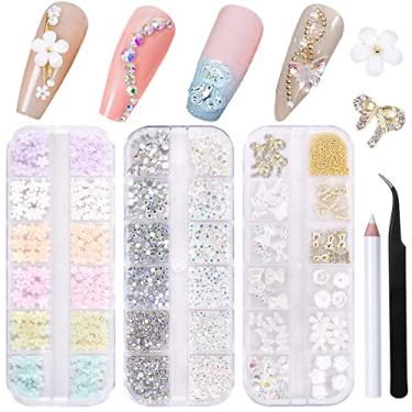 Imagem de Kit de berloques de arte de unhas de flores 3D - Inclui 12 grade 400 peças flor acrílica 1500 peças strass de unhas AB 200 peças acrílico borboleta arco flor urso arte de unhas encantos para decoração de artesanato de arte de unhas