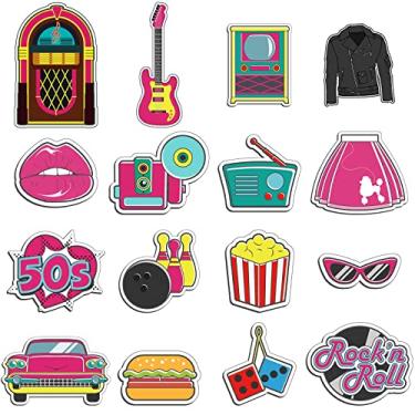 Imagem de 48 peças de recortes decorativos anos 50 Rock and Roll decorações e suprimentos para festa de aniversário dos anos 50 multicoloridos Lembrança de festa de aniversário dos anos 50 decoração de tema sortido dos anos 1950 para artigos de festa de meia hop, 16 estilos