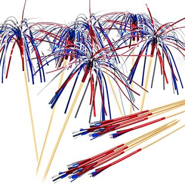 Imagem de PheiLa Palitos de fogo de artifício, pacote com 100 palitos de coquetel, 4 de julho, decoração patriótica, vermelho, branco, azul, fogo-de-artifício, palitos de cupcake, bastões de bebida, artigos de festa para dia da independência