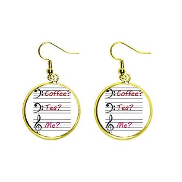 Imagem de Brinco de gota dourada pingente de orelha com símbolo de música café e chá, joia feminina, metal