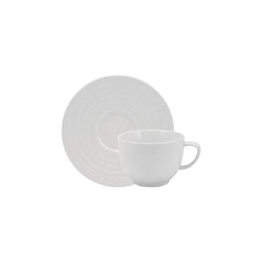Imagem de Estojo com 6 xícaras de chá com pires. Modelo redondo com relevo arcos. Branca. Fabricado pela porcelana schmidt.