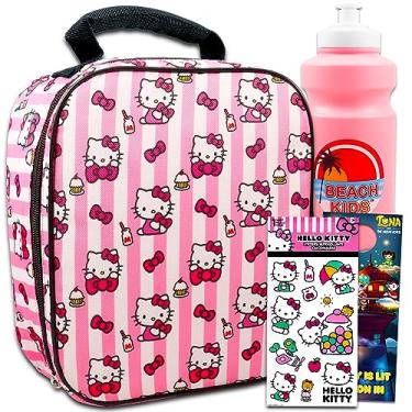 Imagem de Hello Kitty - Conjunto de lancheira para meninas - Lancheira Hello Kitty, garrafa de água rosa, decalque, gancho porta