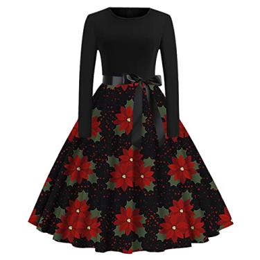 Imagem de Vestido feminino de Natal de manga comprida com estampa floral, vestido vintage para festa à noite, Preto, M