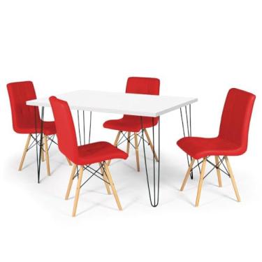 Imagem de Conjunto Mesa de Jantar Hairpin 130x80 Branca com 4 Cadeiras Eiffel Gomos - Vermelho