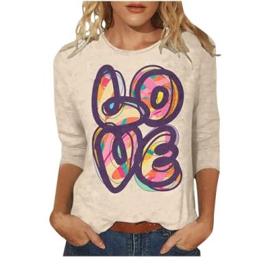 Imagem de Elogoog Camisetas femininas estampadas para o Dia dos Namorados Sexy Love Heart Grahic Pulôver manga 3/4 camiseta solta túnicas, Bege, GG