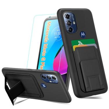Imagem de Capa para celular Motorola Moto G Play 2023/Moto G Power 2022 com protetor de tela de vidro temperado, suporte dobrável, suporte para cartões/compartimentos para Moto G Play 2023 - Preto