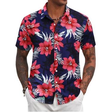 Imagem de COOFANDY Camisa masculina havaiana floral tropical abotoada verão praia, Flores azul marinho e vermelho, XXG