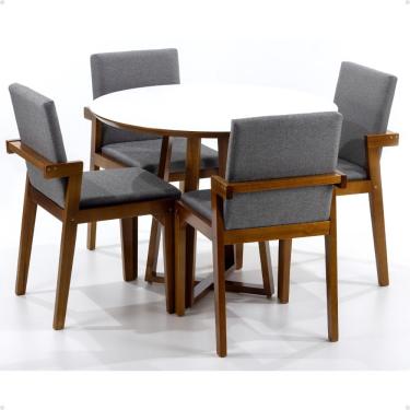 Imagem de Conjunto Mesa de Jantar Redonda Branca Lara Premium 100cm com 4 Cadeiras Estofadas Isabela - Cinza