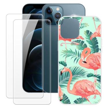 Imagem de MILEGOO Capa para iPhone 12 6,7 + 2 peças protetoras de tela de vidro temperado, capa de TPU de silicone macio para iPhone 12 Pro Max (6,7 polegadas) Flamingo