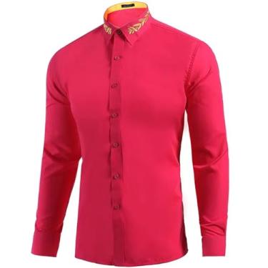 Imagem de Camisa social masculina bordada manga longa casamento noivo camisa vermelha masculina casual botão, Vermelho rosa, G