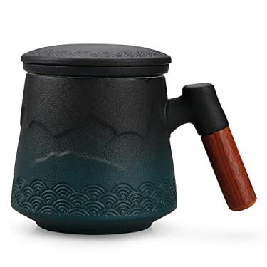 Imagem de NCQIXIAO Xícara de chá com infusor e tampa, caneca de chá com infusor Gradual Mountain e spray, caneca de café de cerâmica com alça de madeira com tampa, chá 430 ml (verde gradiente)