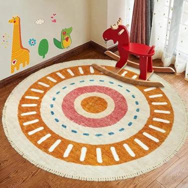 Imagem de Lukinbox Boho Tapete redondo infantil – Tapete de berçário lavável ao sol de 1,8 m para sala de estar, tapetes circulares circulares coloridos e antiderrapantes para quarto e sala de jantar