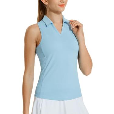 Imagem de HODOSPORTS Camisas polo femininas de golfe sem mangas com gola V, secagem rápida, costas nadador, Azul, P