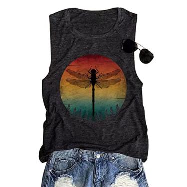 Imagem de Camiseta feminina Dragonfly Sunset com estampa retrô do pôr-do-sol linda camiseta de verão de manga curta, Cinza-escuro, G